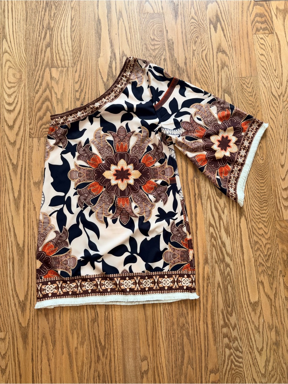 Boho One-Shoulder Mandala Fringe Mini Dress / Tunic Top - Size Small
